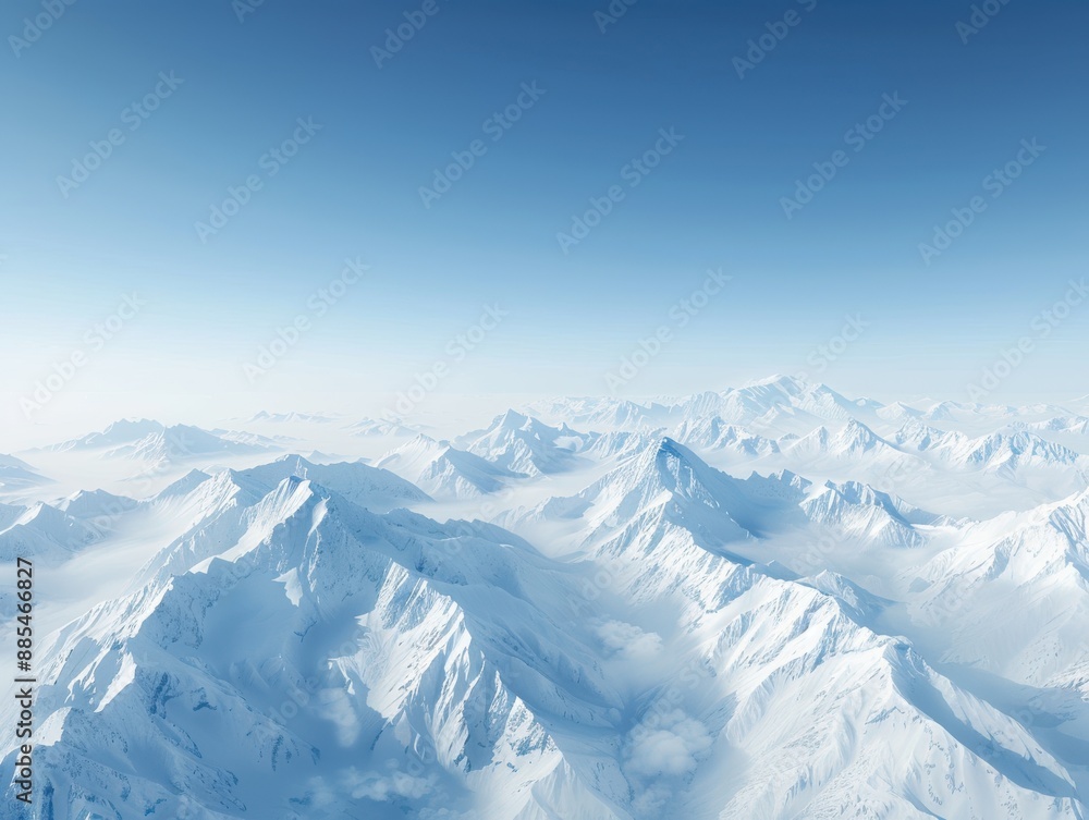 Snow-capped mountains under clear blue sky, panoramic view pristine and untouched, crisp and cold atmosphere, rugged landscape Snow-capped mountains under clear blue sky, panoramic view pristine and untouched, crisp and cold atmosphere, rugged landscape