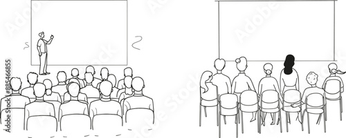 A crowd of people in the auditorium silhouette illustration is drawn in one continuous line. Audience members sit in the movie theater at the back looking at the screen.