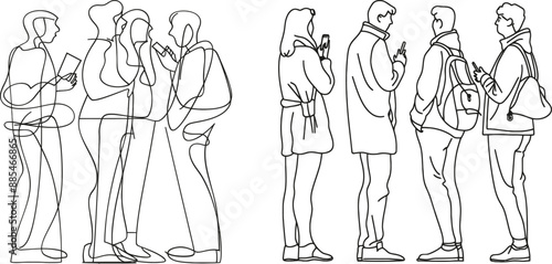 People holding smartphones, making online stories, streaming in social networks. A continuous one-line drawing shows people standing with phones in their hands.