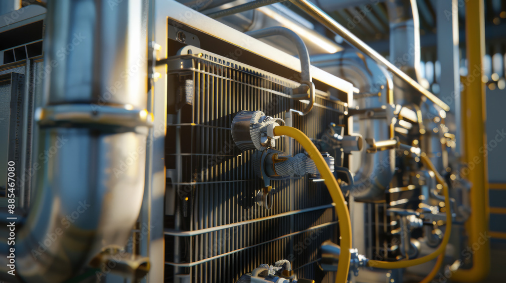 Intricate metal pipes and tubes of an industrial machinery system, glistening under natural sunlight, depict the complexity of engineering. Intricate metal pipes and tubes of an industrial machinery system, glistening under natural sunlight, depict the complexity of engineering.