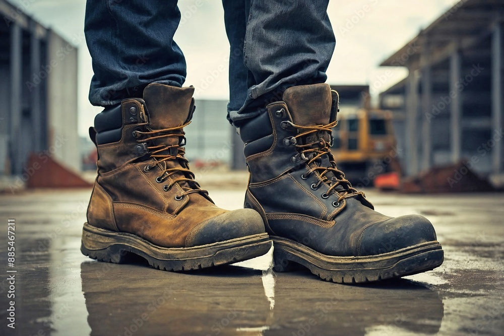 a pair of work boots on a concrete floor with a blurred construction site in the background. a pair of work boots on a concrete floor with a blurred construction site in the background.