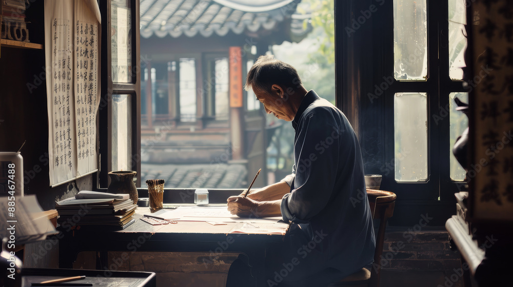 An artist works intently on a calligraphy piece in a traditional setting, the serene atmosphere amplified by soft light filtering through paper windows. An artist works intently on a calligraphy piece in a traditional setting, the serene atmosphere amplified by soft light filtering through paper windows.