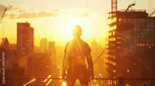 A construction worker silhouetted against a stunning sunset, standing tall on a high-rise building under construction, symbolizing progress and determination.