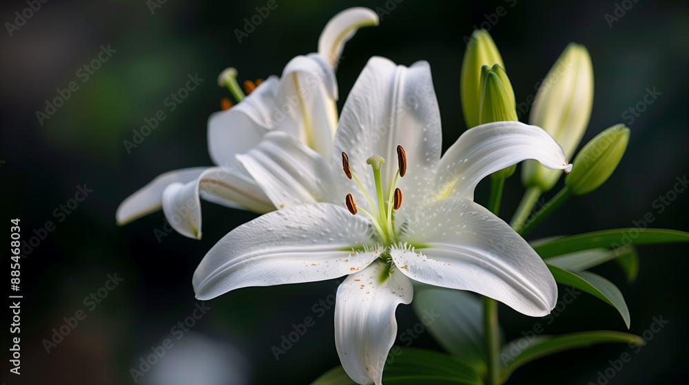 Fototapeta premium Elegant White Lily Flower in Full Bloom with Dark Green Foliage Background