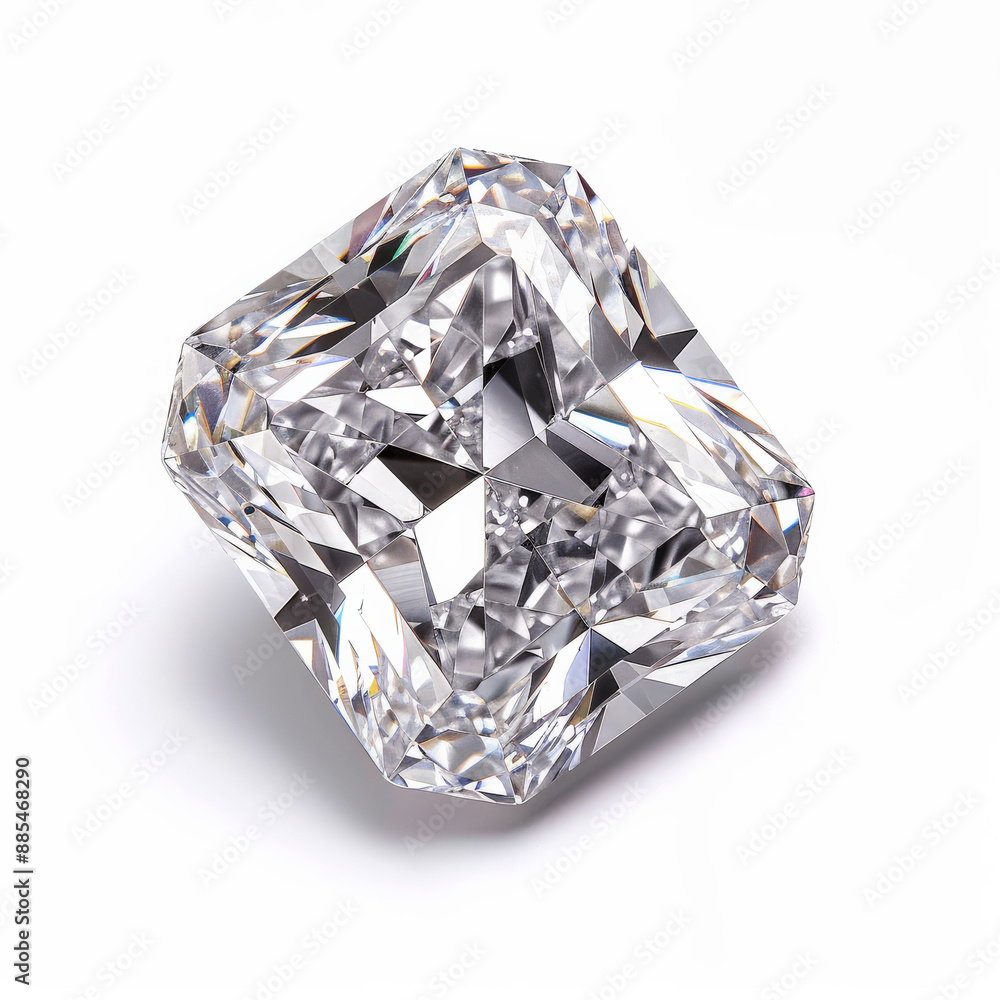 A radiant-cut diamond with a rectangular shape and trimmed corners, showing a stunning array of facets, isolated on white background A radiant-cut diamond with a rectangular shape and trimmed corners, showing a stunning array of facets, isolated on white background