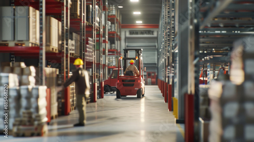 Wallpaper Mural A busy warehouse scene showing workers and forklifts transporting goods amidst tall shelves stocked with various materials. Torontodigital.ca