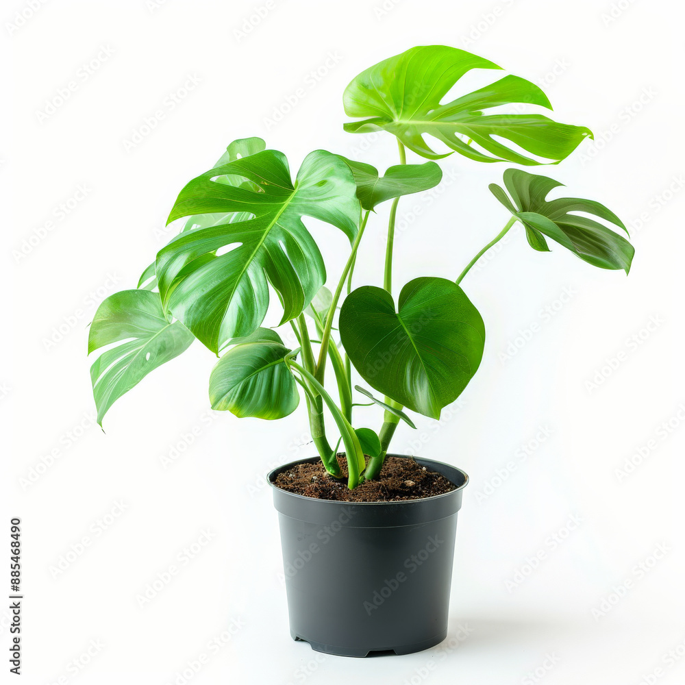 A monstera deliciosa plant with a new leaf unfurling, showing light green coloration, isolated on white background A monstera deliciosa plant with a new leaf unfurling, showing light green coloration, isolated on white background