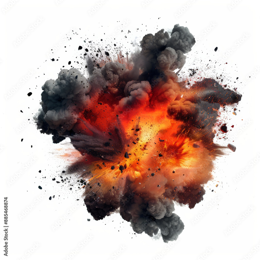An explosion with a burst of red and orange flames mixed with dark smoke, isolated on white background An explosion with a burst of red and orange flames mixed with dark smoke, isolated on white background