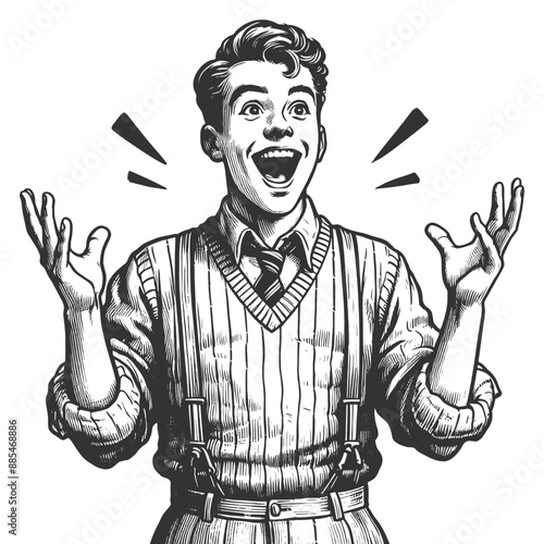 excited young man in retro clothing with suspenders, joyful and expressive pose sketch engraving generative ai fictional character vector illustration. Scratch board imitation. Black and white image.