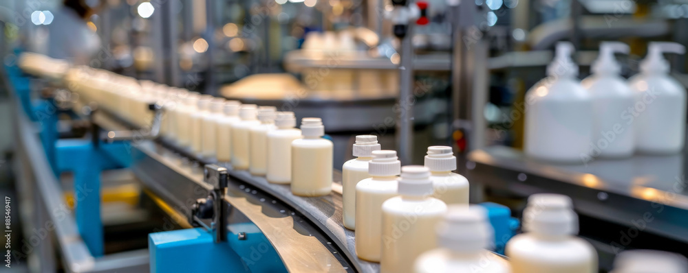 A conveyor belt in a cosmetics factory, with bottles of lotions and creams being filled, sealed, and labeled. A conveyor belt in a cosmetics factory, with bottles of lotions and creams being filled, sealed, and labeled.