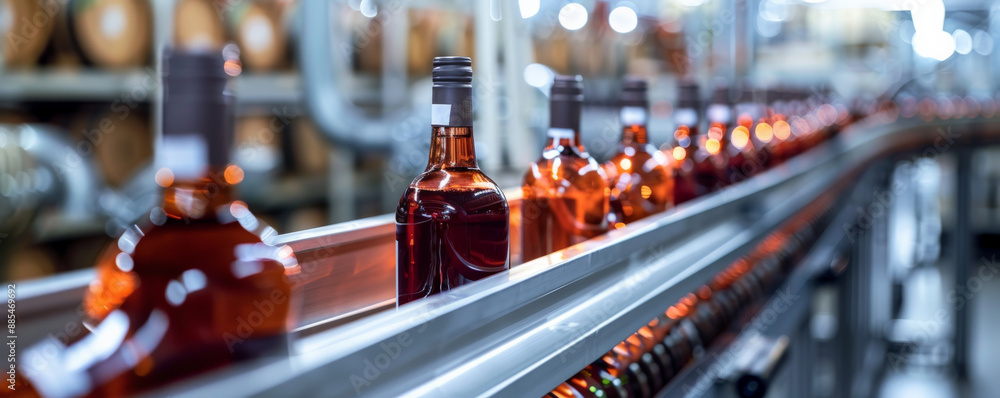 A conveyor belt in a wine bottling facility, with bottles of wine being filled, corked, and labeled, illustrating the wine production process. A conveyor belt in a wine bottling facility, with bottles of wine being filled, corked, and labeled, illustrating the wine production process.