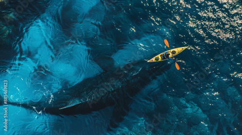 A top-down view of a bright yellow kayak adjacent to a giant whale in the clear blue ocean, creating a stunning contrast between human and nature. photo