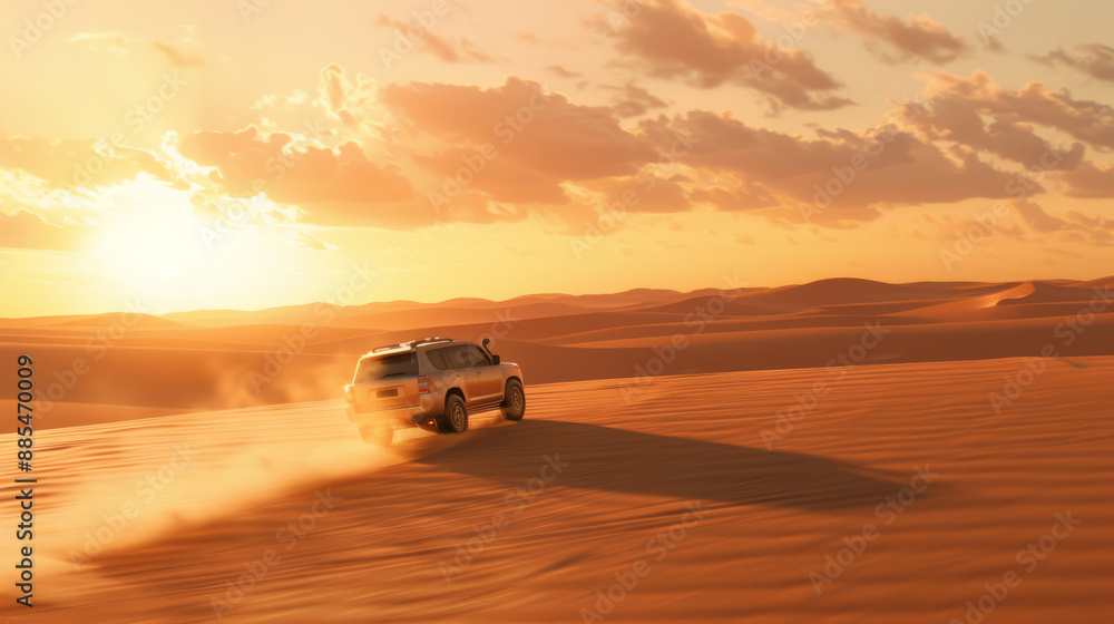 A car drives through the expansive desert at sunset, leaving a trail of dust under the golden sky. A car drives through the expansive desert at sunset, leaving a trail of dust under the golden sky.