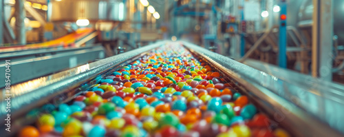A conveyor belt in a candy factory, with colorful candies being sorted and packed, evoking a sense of joy and nostalgia.