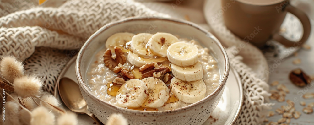 A cozy breakfast scene with a bowl of warm oatmeal topped with sliced bananas, walnuts, and a drizzle of honey, with a mug of hot cocoa. A cozy breakfast scene with a bowl of warm oatmeal topped with sliced bananas, walnuts, and a drizzle of honey, with a mug of hot cocoa.