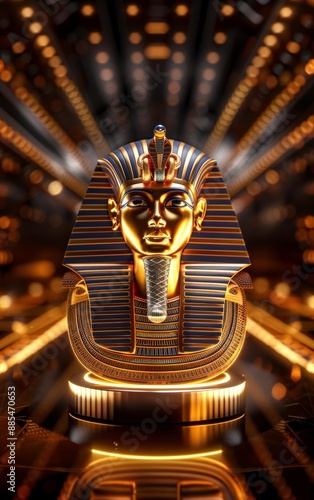 Golden Pharaoh statue with intricate details set in a gleaming background, representing ancient Egyptian civilization and royalty.