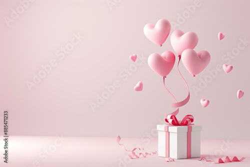 A gift box floating in the air, pink heart-shaped balloons flying out from it on a white background