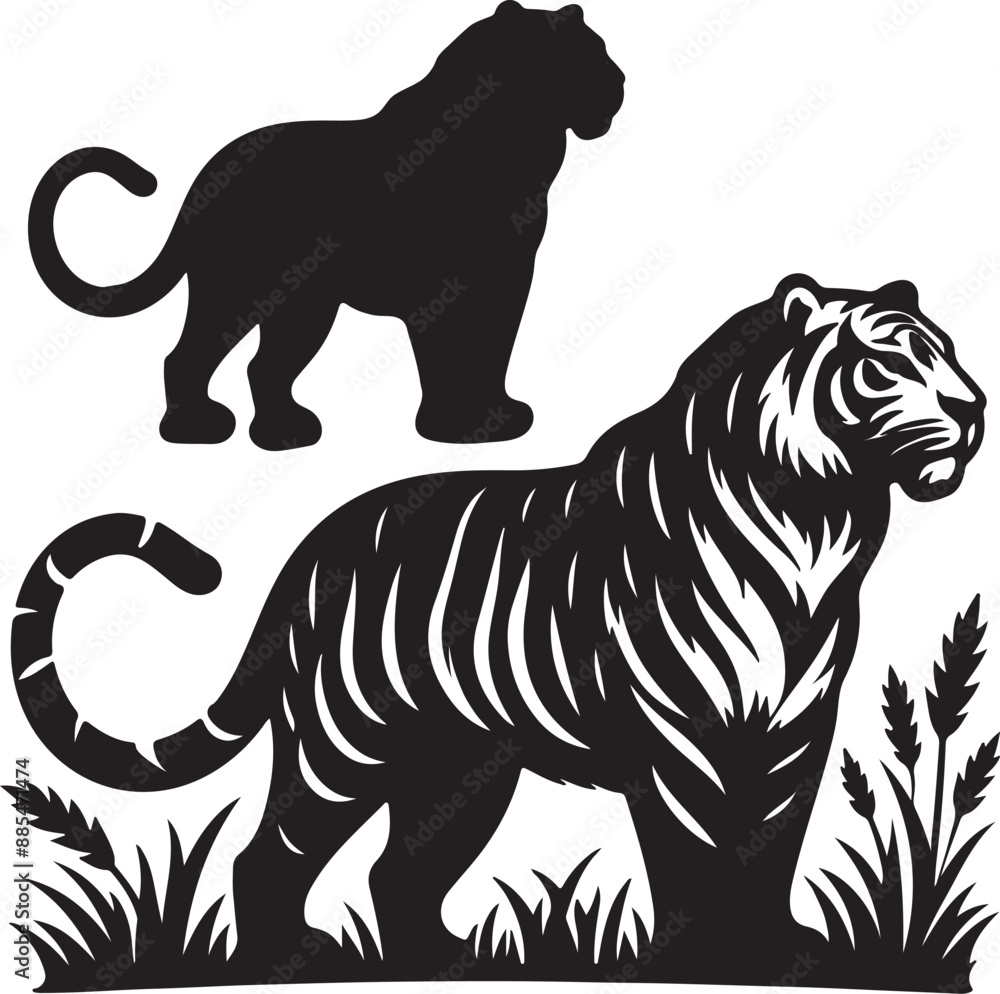 Obraz premium A wonder Tiger silhouette vector art design, tiger black white in a part of package with pure solid white background