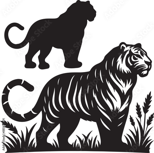 A wonder Tiger silhouette vector art design, tiger black white in a part of package with pure solid white background