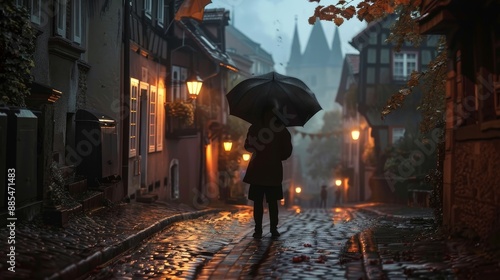 Twilight Wanderlust Enigmatic Figure with Umbrella on Old European Cobblestone Street © laliz