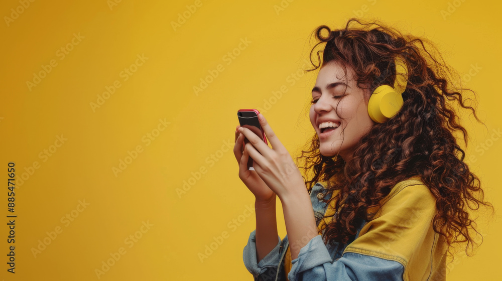 A young woman in a yellow outfit joyously listens to music with pink headphones and matching phone, set against a vivid yellow background. A young woman in a yellow outfit joyously listens to music with pink headphones and matching phone, set against a vivid yellow background.