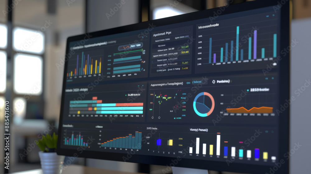 A computer screen displaying various colorful analytical charts and graphs, suggesting a lively data analysis session in a bright office space. A computer screen displaying various colorful analytical charts and graphs, suggesting a lively data analysis session in a bright office space.