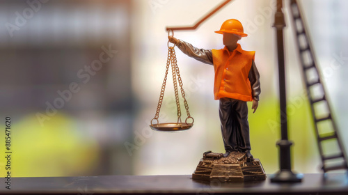 Miniature statue of a worker in safety gear holding scales of justice, symbolizing balance between labor rights and law.
