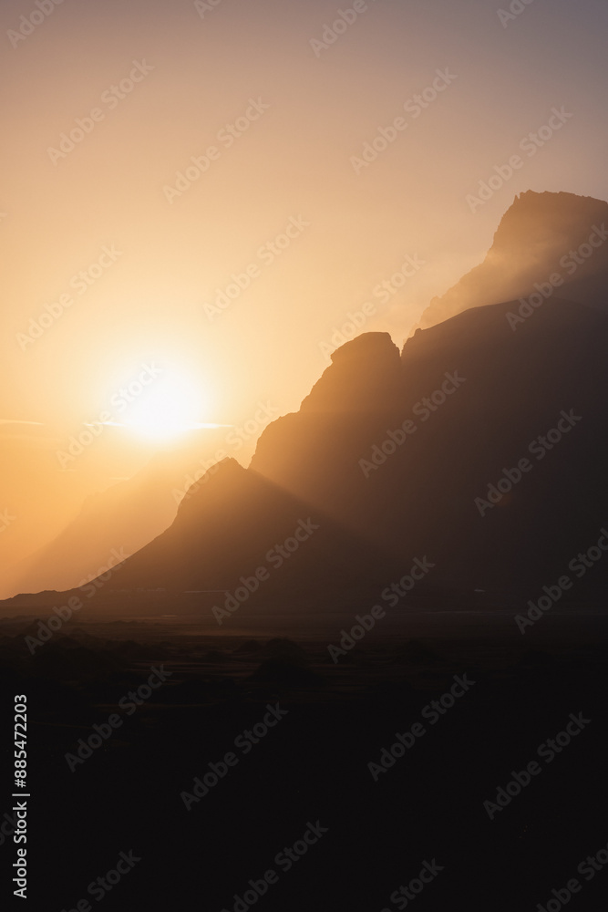 Stunning view of Vestrahorn during a breathtaking sunset. Vestrahorn is an impressive 454 metres tall mountain. Iceland.