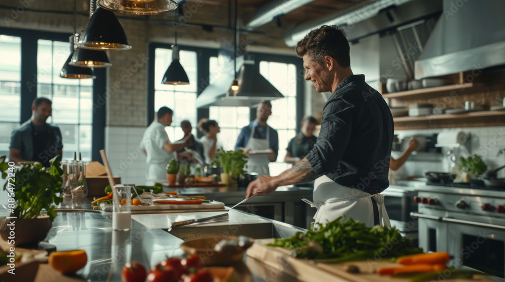 A chef in a bustling kitchen meticulously preparing fresh ingredients while other chefs are seen working in the background, creating a dynamic and professional culinary atmosphere. A chef in a bustling kitchen meticulously preparing fresh ingredients while other chefs are seen working in the background, creating a dynamic and professional culinary atmosphere.