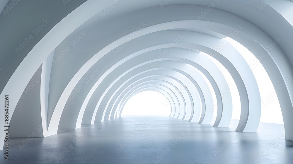 Naklejka premium Minimalist White Tunnel with Smooth Curved Arches and Bright Light at the End Emphasizing Clean and Modern Architectural Design