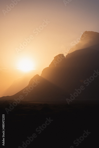 Obraz na płótnie Stunning view of Vestrahorn during a breathtaking sunset. Vestrahorn is an impressive 454 metres tall mountain. Iceland. w salonie
