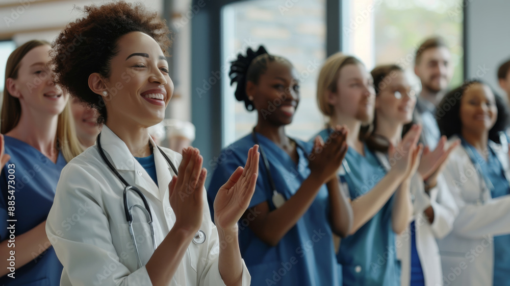 A group of healthcare workers claps in unity, wearing scrubs and lab coats, celebrating a shared moment of achievement and camaraderie. A group of healthcare workers claps in unity, wearing scrubs and lab coats, celebrating a shared moment of achievement and camaraderie.