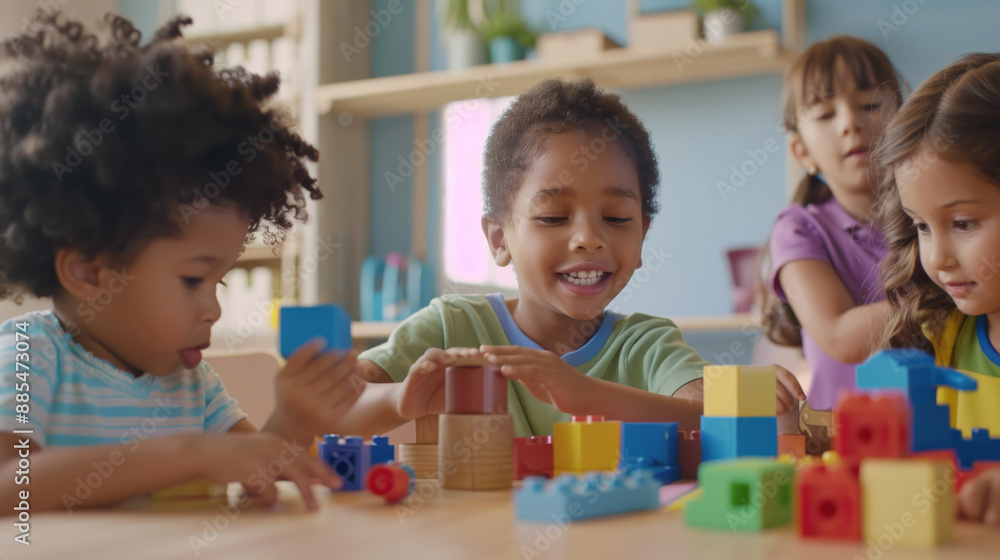 Children playing with colorful building blocks, sharing laughter, and enjoying a collaborative activity in a bright, cheerful room. Children playing with colorful building blocks, sharing laughter, and enjoying a collaborative activity in a bright, cheerful room.