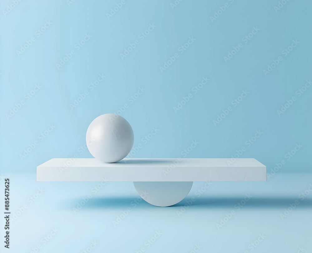 Minimalistic composition with white geometric shapes balancing on a pastel blue background, depicting calm and simplicity. Minimalistic composition with white geometric shapes balancing on a pastel blue background, depicting calm and simplicity.