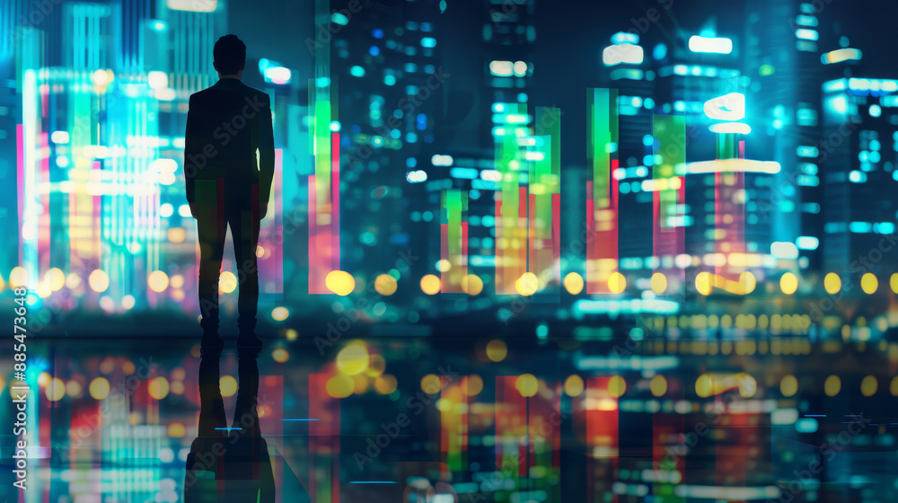 Silhouetted person gazing at a dazzling cityscape, reflecting vividly colorful lights on a wet surface. Silhouetted person gazing at a dazzling cityscape, reflecting vividly colorful lights on a wet surface.