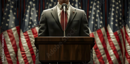 Politician giving a speech at a podium with American flags in the background, symbolizing leadership and patriotism. photo