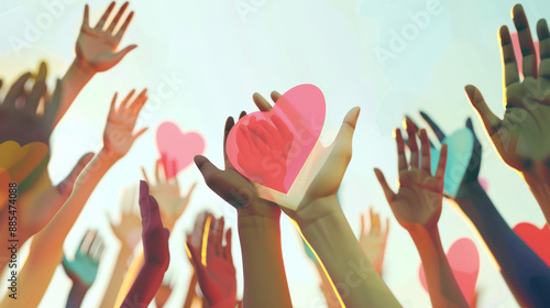 Hands of diverse individuals holding colorful paper hearts up in a joyful and unified display, representing love, unity, and community support.