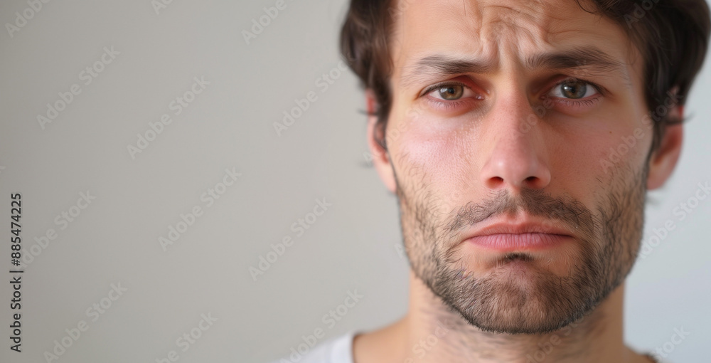 Obraz premium A young man looking at the camera with a worried or sad expression against background with copy space.