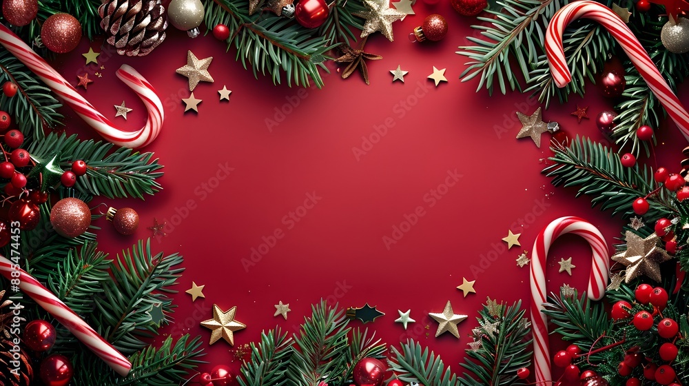 Festive Christmas Border with Candy Canes, Ornaments, and Pine Branches on Red Background Festive Christmas Border with Candy Canes, Ornaments, and Pine Branches on Red Background