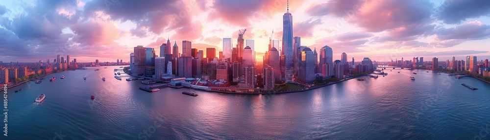 Fototapeta premium Capture a stunning urban landscape at sunset with vivid colors and dynamic perspective Show bustling city life from a birdseye view