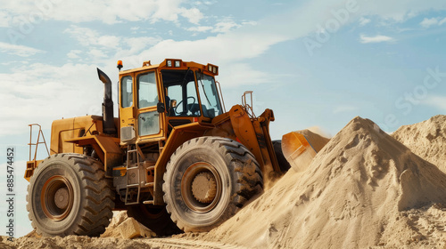 A robust orange bulldozer in action, piling sand on a bright day under a blue sky, showcasing heavy construction machinery at work.
