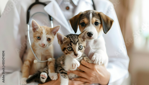 Veterinarian holding three adorable pets, two kittens and a puppy, during a checkup. Perfect for veterinary, pet care, animal health themes. photo