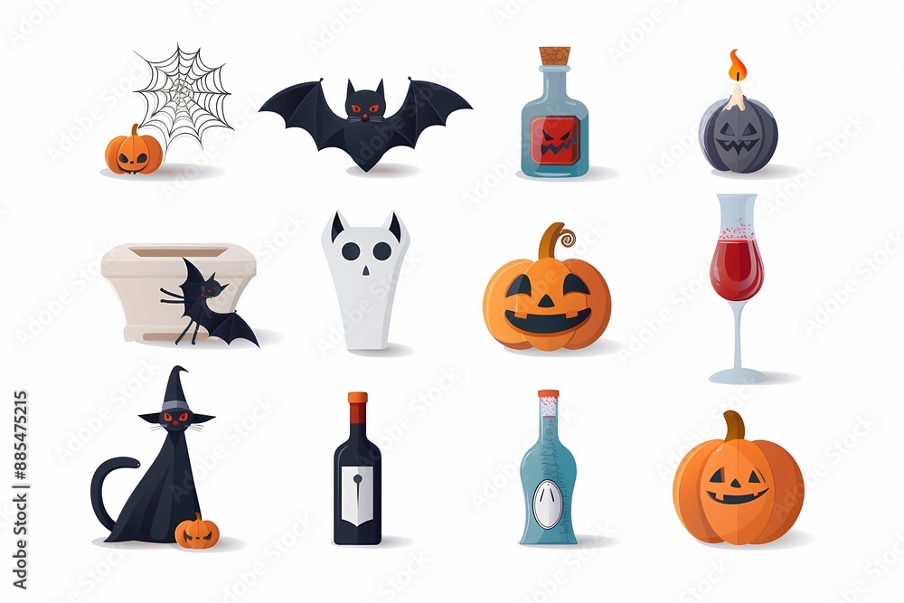 Halloween icons: pumpkins, bats, witch, and spooky potions on white background Halloween icons: pumpkins, bats, witch, and spooky potions on white background