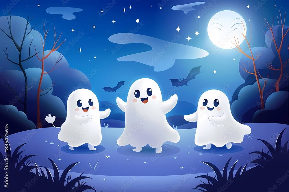 Three happy cartoon ghosts playing under a bright full moon in a spooky forest at night. Three happy cartoon ghosts playing under a bright full moon in a spooky forest at night.