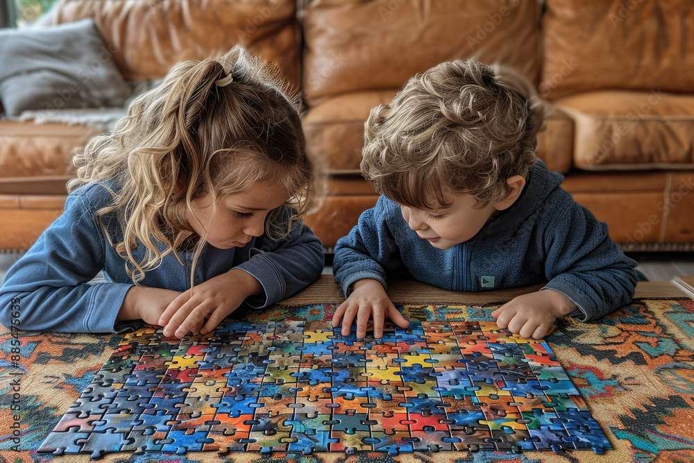 a boy and girl playing with puzzle pieces. a boy and girl playing with puzzle pieces.