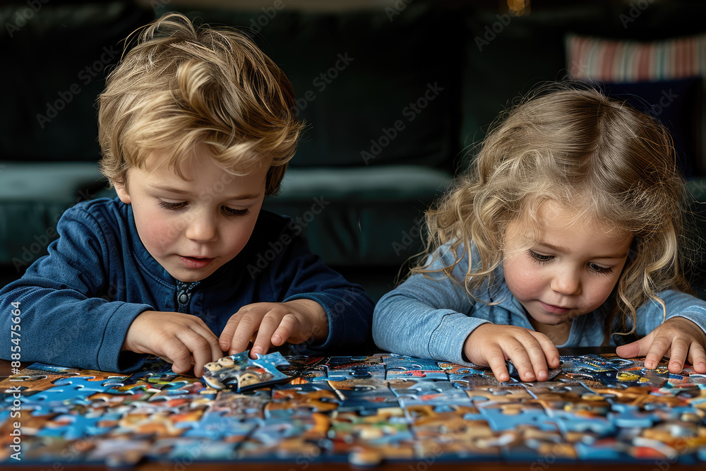 a boy and girl playing with puzzle pieces. a boy and girl playing with puzzle pieces.