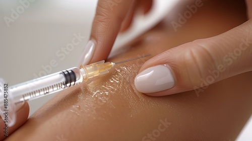 Close-up of a hand slowly inserting a syringe with a clear syringe and a thin needle into the area with precision. The focus is only on the injection and the skin folds.
