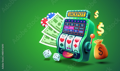 Casino 777 banner slots machine winner, jackpot fortune of luck. Vector illustration