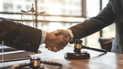Lawyers Shaking Hands in Agreement, Gavel in Foreground