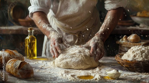 A baker's kitchen with someone making bread, kneading dough on a floured surface, surrounded by ingredients like flour, yeast, and olive oil, evoking a sense of home and comfort photo